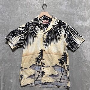RJC Hawaiian Shirt Mens Medium Beige All Over Print Beach Palm Trees Camp Collar